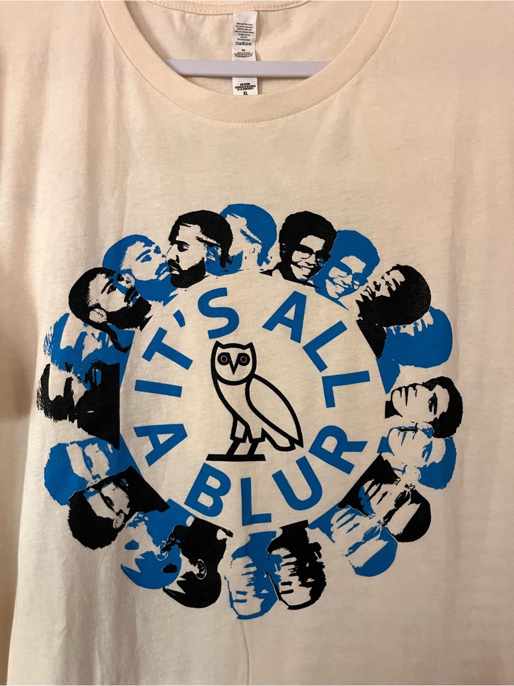 Drake and 21 Savage Cream Graphic Tee with Blue and Black Owl Print
